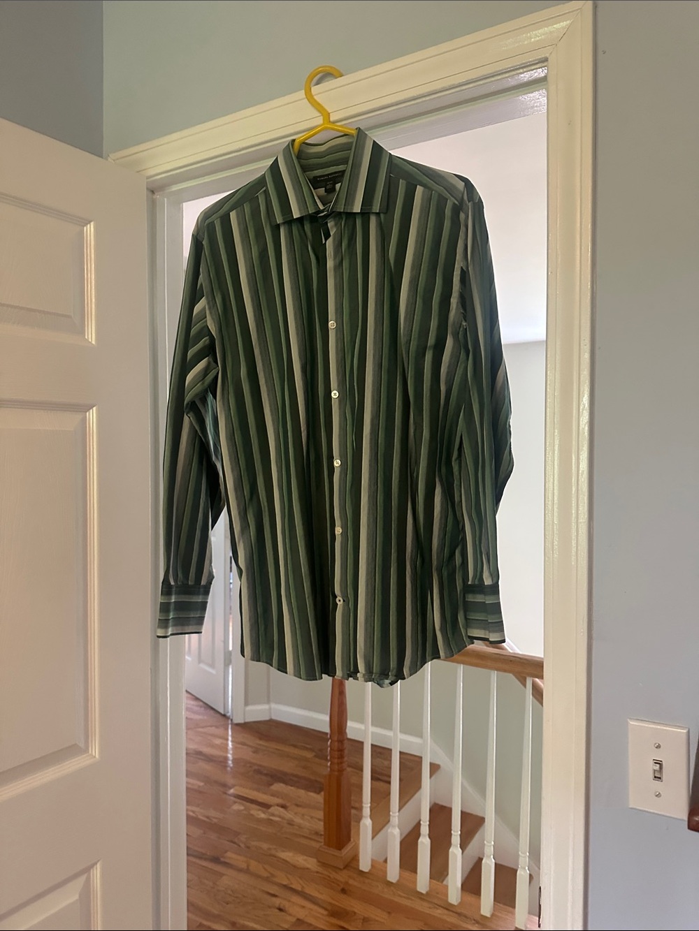 Banana Republic Green and White Vertical Stripe Dress Shirt